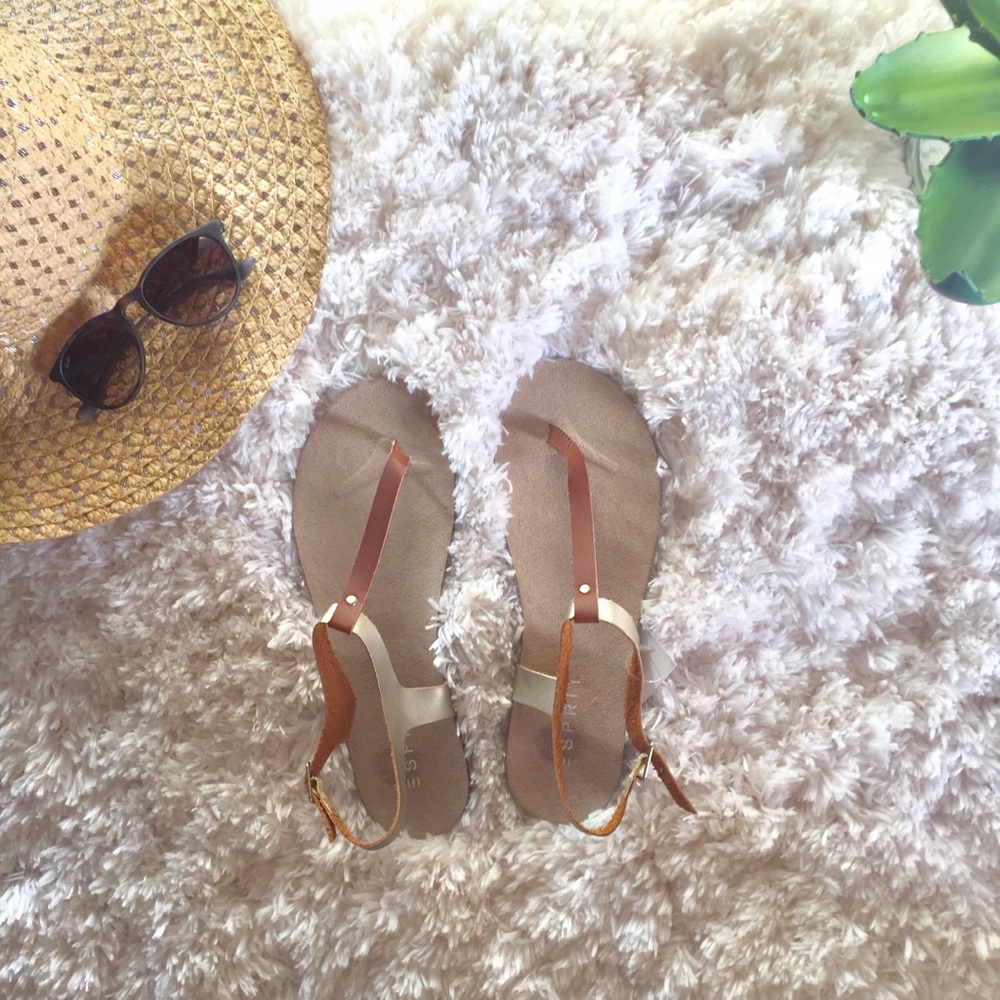 Tan and gold ankle strap flat sandals